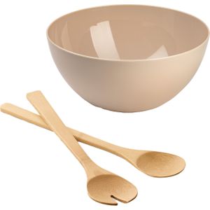 Salade/fruit serveer schaal - beige - kunststof - Dia 28 cm - met bamboe Sla couvert/bestek van 30 cm