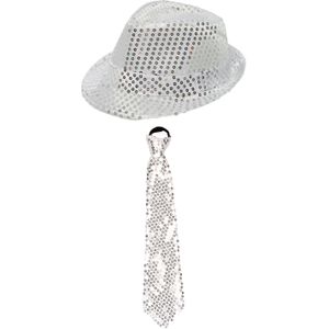 Carnaval verkleed set - hoedje en stropdas - zilver - volwassenen - glitters