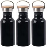 3x Stuks aluminium waterfles/drinkfles zwart met bamboe schroefdop 550 ml - Sportfles - Bidon