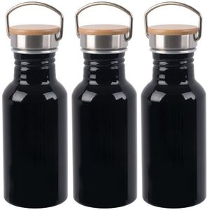 3x Stuks aluminium waterfles/drinkfles zwart met bamboe schroefdop 550 ml - Sportfles - Bidon