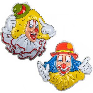 Carnaval/party decoratie borden  - 2x Clown hoofden - wand/muur versiering - 50 x 50 cm - plastic