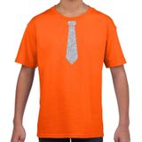 Oranje fun t-shirt met stropdas in glitter zilver kinderen - feest shirt voor kids
