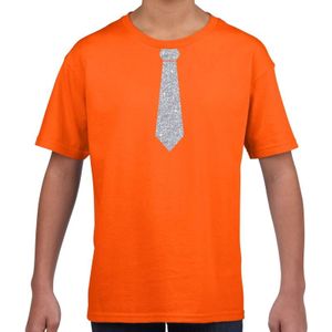 Oranje fun t-shirt met stropdas in glitter zilver kinderen - feest shirt voor kids