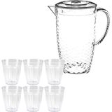 Stevige sapkan/water/schenkkan karaf met deksel 2 liter set met 12x kunststof transparante drinkglazen 250 ml