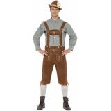 Luxe lange bruine/groene Tiroler lederhosen kostuum met blouse voor heren - Carnavalskleding Oktoberfest/bierfeest complete verkleedoutfit