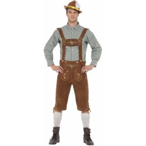 Luxe lange bruine/groene Tiroler lederhosen kostuum met blouse voor heren - Carnavalskleding Oktoberfest/bierfeest complete verkleedoutfit