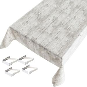 Buiten tafelkleed/tafelzeil grijs steigerhout print 140 x 245 cm met 4 tafelkleedklemmen - Tuintafelkleed tafeldecoratie
