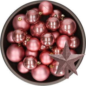 Kerstversiering kunststof kerstballen met piek oud roze 6-8-10 cm pakket van 45x stuks - Kerstboomversiering