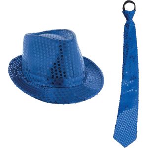 Carnaval verkleed setje - glitter hoedje en stropdas - blauw - volwassenen - met pailletten