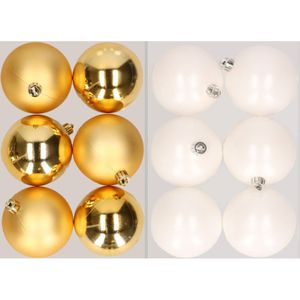 12x stuks kunststof kerstballen mix van goud en winter wit 8 cm - Kerstversiering