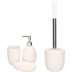 Excellent Houseware - WC-/toiletborstel houder en 3-delige badkamer set wit dolomiet/rvs
