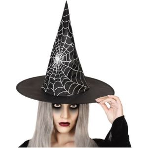 Halloween heksenhoed - met spinnenweb - one size - zwart/zilver - meisjes/dames - verkleed hoeden
