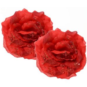 Decoris Kerstboom bloemen - 2x st - rood - 14 cm - op clip