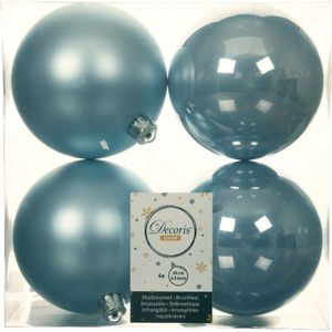 Decoris Grote kerstballen - 4x stuks - kunststof - lichtblauw - 10 cm - kerstversiering