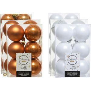 Kerstversiering kunststof kerstballen kleuren mix cognac bruin/winter wit 4-6-8 cm pakket van 68x stuks