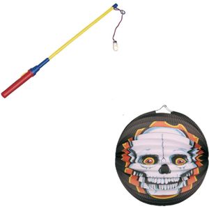 Ronde lampion 25 cm doodskop met lampionstokje - Halloween trick or treat lampionnen versiering