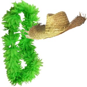 Carnaval verkleedset - Tropical Hawaii party - dames strohoed in beige - en volle bloemenslinger neon groen