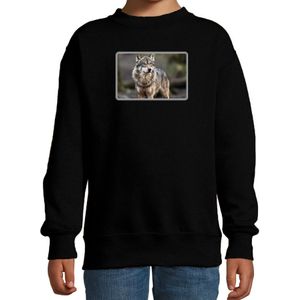 Dieren sweater met wolven foto - zwart - voor kinderen - wolf cadeau trui - kleding / sweat shirt
