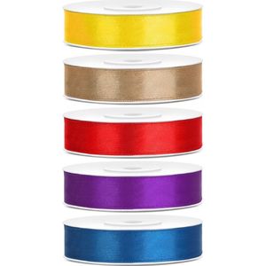 5x rollen satijnlint geel-goud-rood-paars-blauw 1,2 cm x 25 meter - Hobby cadeaulint