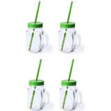 6x stuks Glazen Mason Jar drinkbekers groene dop en rietje 500 ml - afsluitbaar/niet lekken/fruit shakes