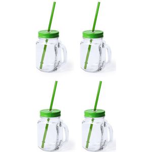 6x stuks Glazen Mason Jar drinkbekers groene dop en rietje 500 ml - afsluitbaar/niet lekken/fruit shakes