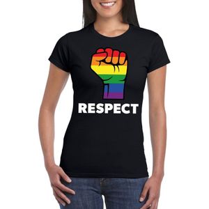 Respect LGBT shirt met regenboog vuist zwart dames - LGBT/ Lesbische shirts