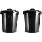 2x stuks kunststof afvalemmers/vuilnisemmers in het zwart van 51 liter met deksel - Vuilnisbakken/prullenbakken