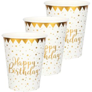 Verjaardag feest bekertjes happy birthday - 50x - wit - karton - 270 ml