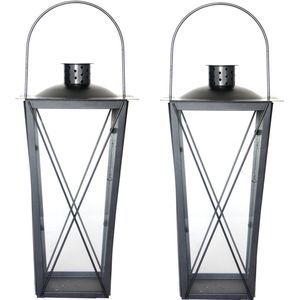 Set van 2x stuks zilveren tuin lantaarn/windlicht van ijzer 20 x 20 x 40 cm - Tuinverlichting - Kaarsenhouders - Lantaarns