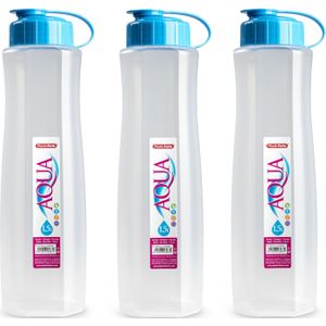 3x stuks kunststof waterflessen 1500 ml transparant met dop blauw - Drinkflessensen/sport/fitness flessen