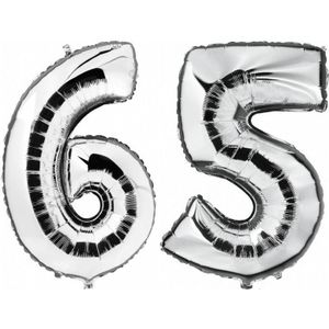 65 jaar zilveren folie ballonnen 88 cm leeftijd/cijfer - Leeftijdsartikelen 65e verjaardag versiering - Heliumballonnen