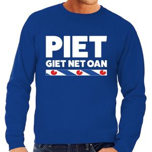 Blauwe sweater met Friese uitspraak Piet Giet Net Oan heren - Friese weerman tekst trui