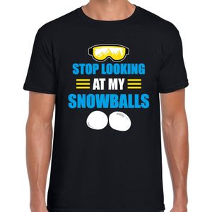 Apres ski t-shirt Stop looking at my snowballs zwart  heren - Wintersport shirt - Foute apres ski outfit/ kleding/ verkleedkleding