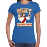 Fout kerst t-shirt blauw - party Jezus - Party like its my birthday voor dames - kerstkleding / christmas outfit