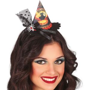 Halloween heksenhoed - mini hoedje op diadeem met sluier - one size - zwart - meisjes/dames
