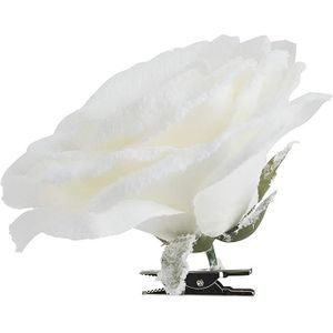 Cosy &amp; Trendy Kerstboomversiering bloem op clip witte besneeuwde roos 15 cm - witte kerstversieringen