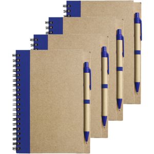 Notitie/opschrijf boekje met balpen - 4x - harde kaft - beige/blauw - 18x13cm - 60blz gelinieerd - blocnotes