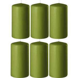 6x Olijf Groene Cilinderkaarsen/Stompkaarsen 6 X 15 cm 58 Branduren - Geurloze Kaarsen Olijf Groen