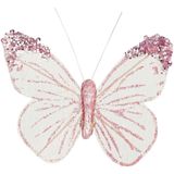 House of Seasons kerstboomversiering vlinders op clip - 12x st- roze/wit - 10 cm