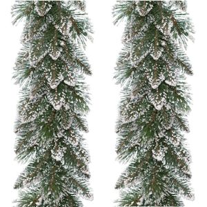 Set van 2x stuks kerst dennenslinger guirlandes groen met sneeuw 270 cm - Kerstslingers besneeuwd - Guirlandes kerstversiering