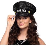 Carnaval verkleed set - politiepet Sparkle - zwart - met epauletten/badge/zonnebril - heren/dames