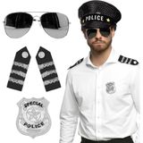 Carnaval verkleed set - politiepet Sparkle - zwart - met epauletten/badge/zonnebril - heren/dames