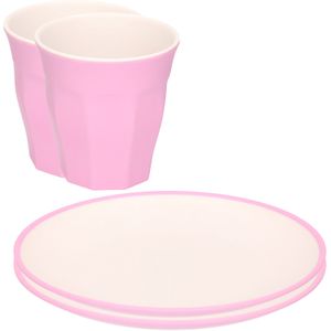 Set van 8x onbreekbare kunststof/melamine roze ontbijt bordjes 23 cm/bekers 9 cm