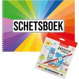 Schetsboek voor kinderen in A4 formaat 50 paginas met 24 kleurpotloden cadeauset