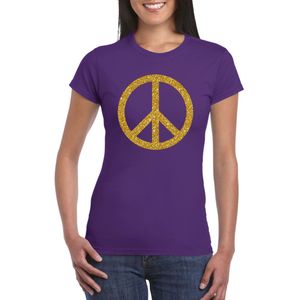 Paars Flower Power t-shirt gouden glitter peace teken dames - Sixties/jaren 60 kleding