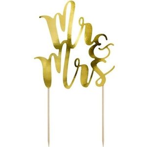 Bruidstaart decoratie topper Mr &amp; Mrs goud 25 cm - Huwelijk/Trouwerij versiering - Moderne bruidstaart figuurtjes alternatief