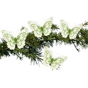 Kerstboom vlinders op clip - 34 cm - 4x stuks - groen glitter - kunststof