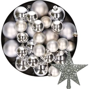 Kerstversiering kunststof kerstballen met piek zilver 6-8-10 cm pakket van 45x stuks - Kerstboomversiering