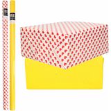 6x Rollen kraft inpakpapier liefde/rode hartjes pakket - geel 200 x 70 cm - cadeau/verzendpapier