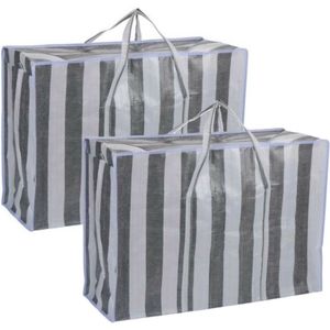 Dekentas/wastas met rits - 2x - gestreept - grijs - maat M - speelgoed opbergtas - 70 x 48 x 28 cm - 95L